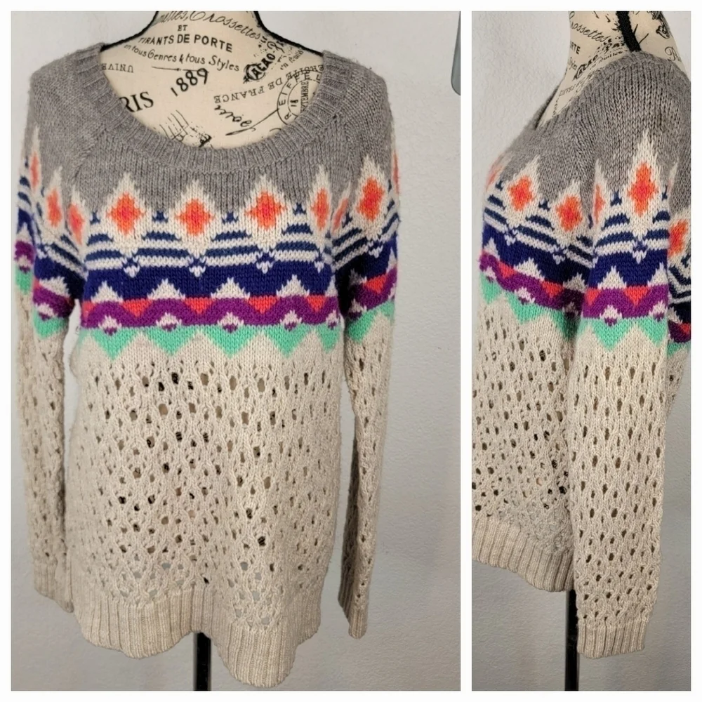 American Eagle Sz L Sweater Knit Pullover Sweater Fair Isle Open Stitch